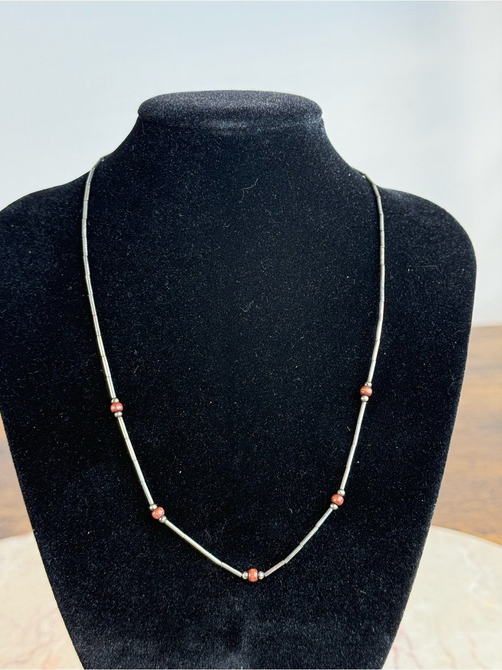 Navajo Indian Elegant Silver Tube Necklace with Red Accent Beads